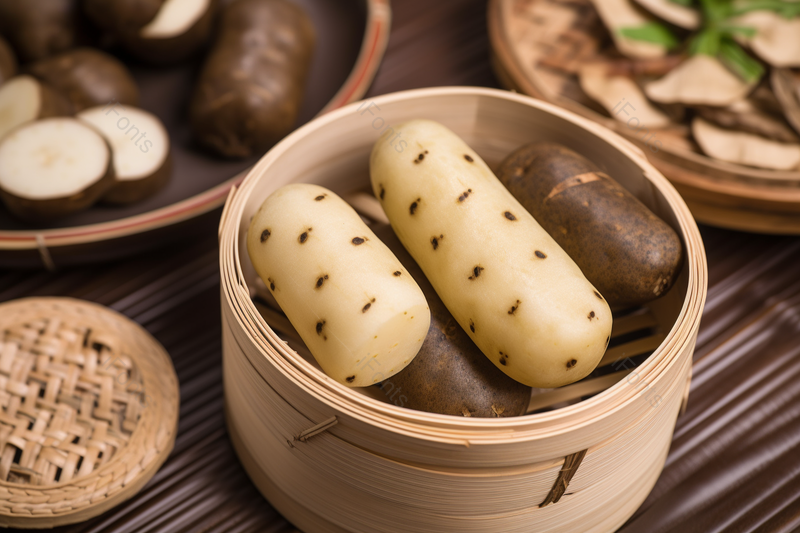 木质桌子上的各种医药食材和蒸熟的山药,高清,摄影图,摄影图片,图片大全,摄影图免费下载